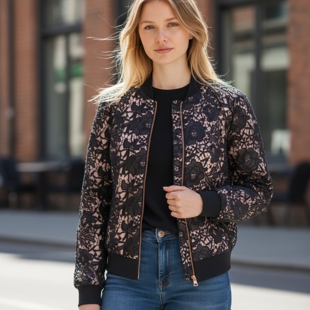 Stella & Dot Black Lace Bomber Jacket size S